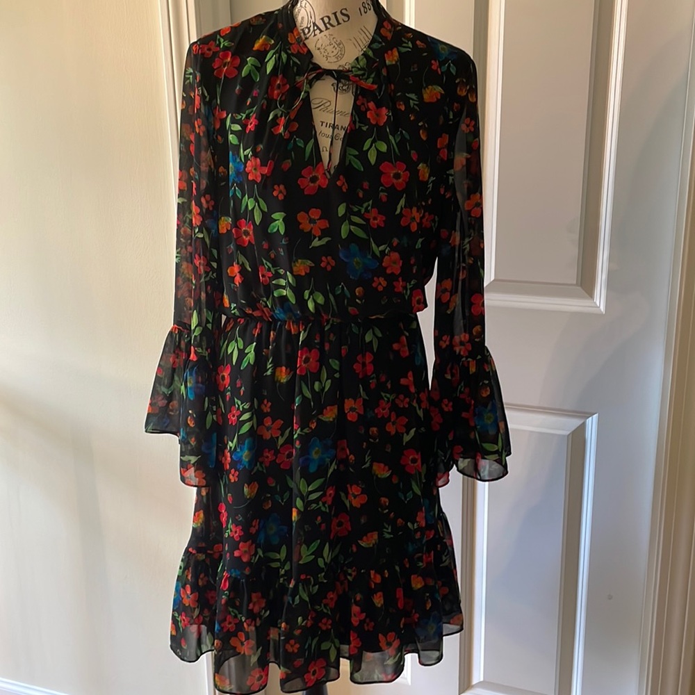 Calvin Klein Ruffle Bell Sleeve Floral Print Front Tie Dress
